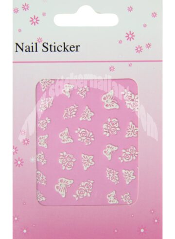 pochette stickers d'ongles roses blanches avec papillons et strass, pêle-mêle de roses blanches avec papillons accompagnés de strass