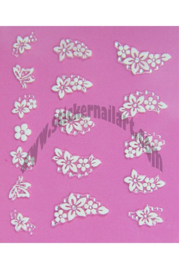 planche stickers mêlée fleurs blanches et strass, mêlée fleurs blanches et strass