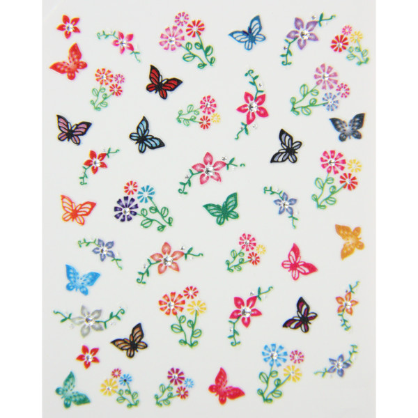planche de stickers fleurs et papillons colorés, pêle-mêle fleurs et papillons colorés