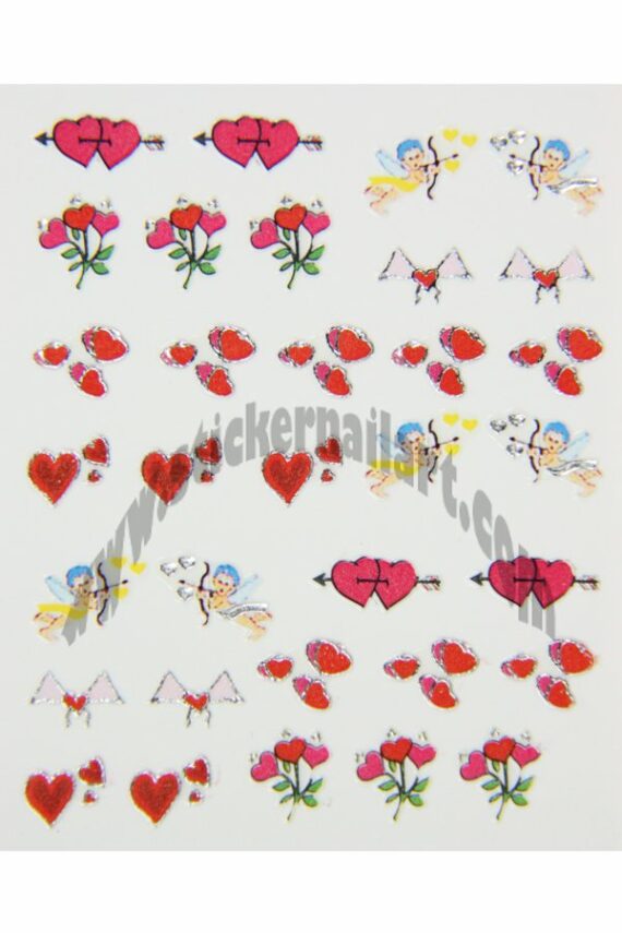 planche stickers d'ongles cœurs et cupidons colorés, pêle-mêle cœurs et cupidons colorés