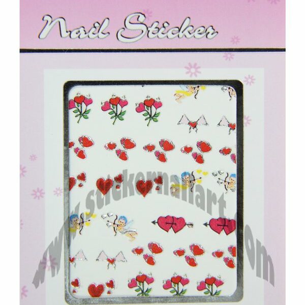 pochette de stickers d'ongles cœurs et cupidons colorés, pêle-mêle cœurs et cupidons colorés