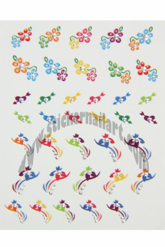 planche de stickers d'ongles cœurs et fleurs colorés, pêle-mêle stickers cœurs et fleurs colorés