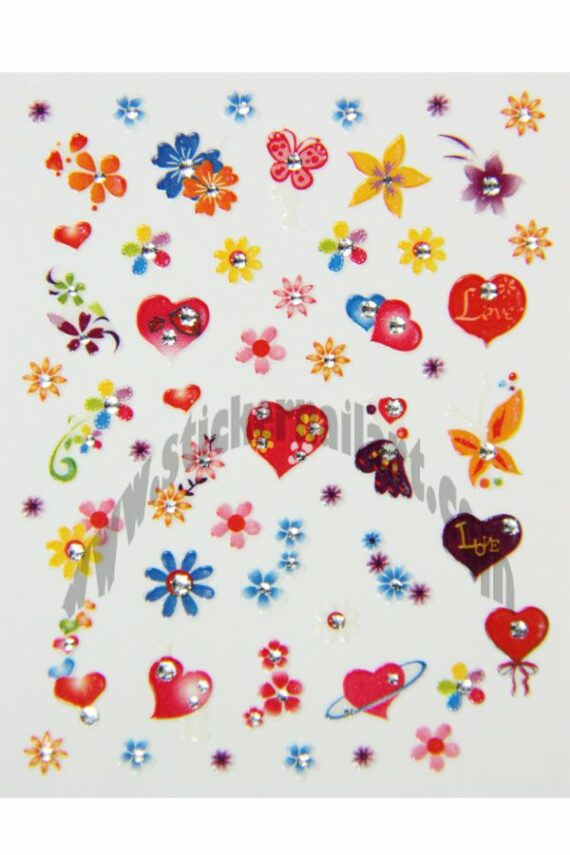 planche stickers d'ongles cœurs fleurs et papillons colorés, pêle-mêle cœurs fleurs et papillons colorés