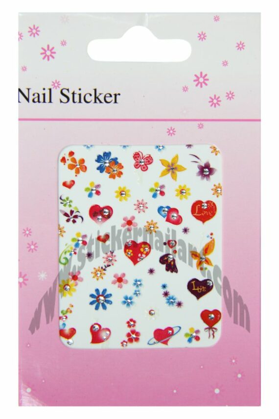 pochette stickers d'ongles cœurs fleurs et papillons colorés, pêle-mêle cœurs fleurs et papillons colorés