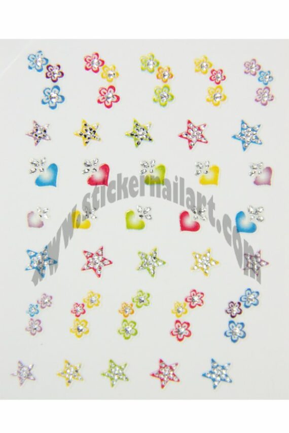 planche de stickers d'ongles étoiles et cœurs colorés, pêle-mêle étoiles et cœurs colorés
