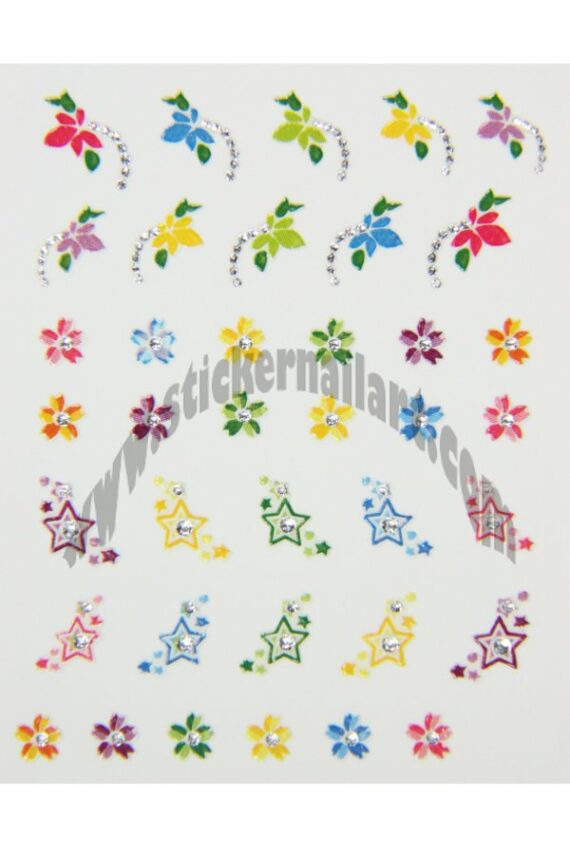 planche de stickers d'ongles étoiles et fleurs colorés, pêle-mêle étoiles et fleurs colorées