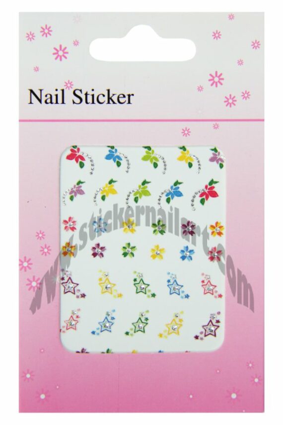 pochette de stickers d'ongles étoiles et fleurs colorés, pêle-mêle étoiles et fleurs colorées