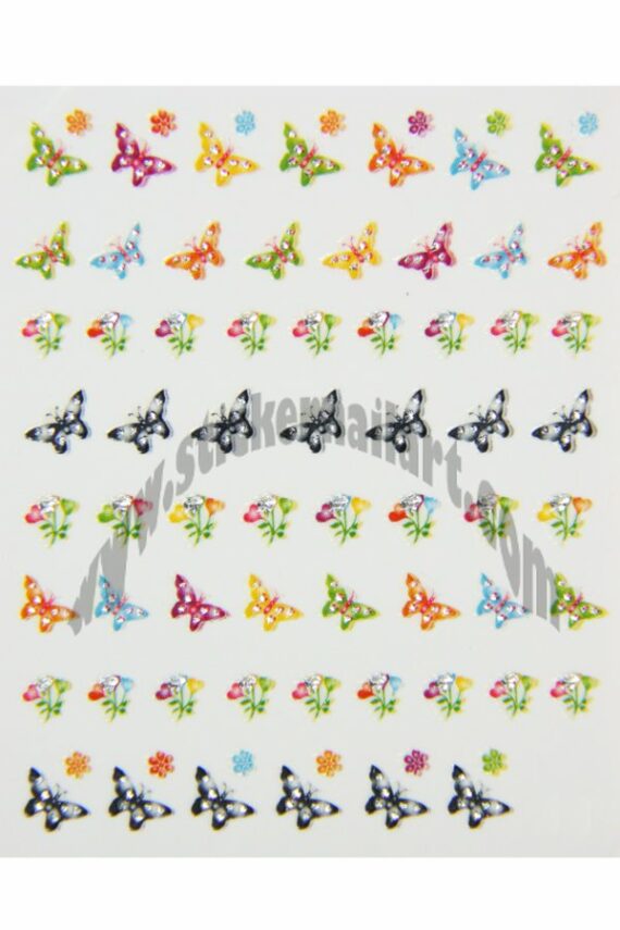planche stickers d'ongles papillons et fleurs colorés, pêle-mêle papillons et fleurs colorés