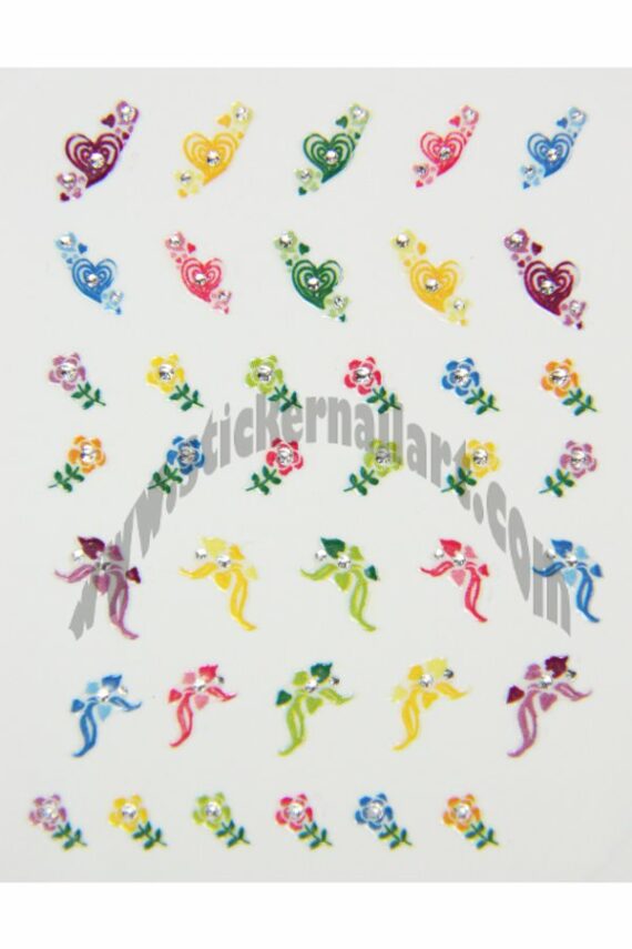 planche de stickers d'ongles cœurs et fleurs rubans colorés, pêle-mêle cœurs et fleurs rubans colorés