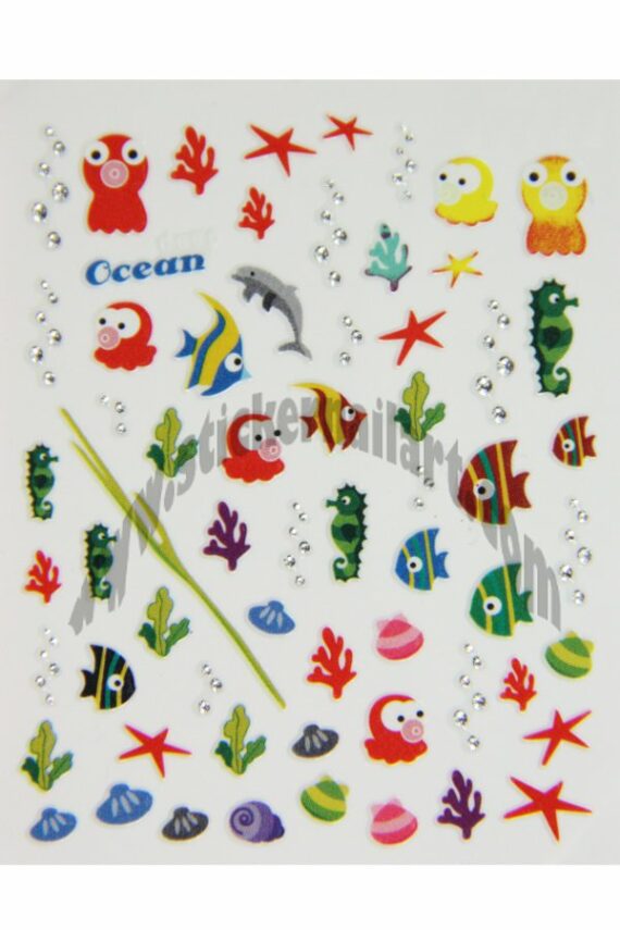 planche de stickers d'ongles mer et poissons, pêle-mêle mer et poissons