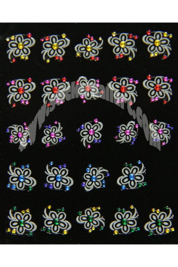 planche de stickers fleurs double strass multicolores, cœurs, pêle-mêle de fleurs double strass multicolores