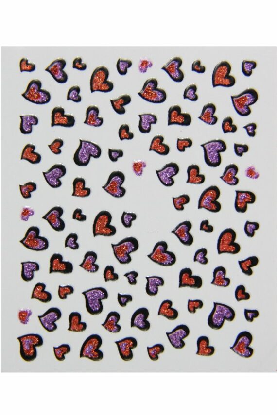 planche de stickers d'ongles cœurs rouge et violet, pêle mêle stickers d'ongles cœurs rouge et violet