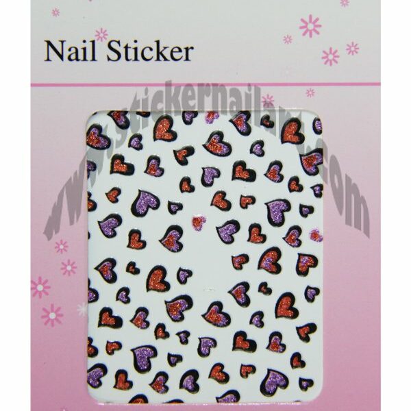 pochette de stickers ongles cœurs rouge et violet, pêle mêle stickers d'ongles cœurs rouge et violet