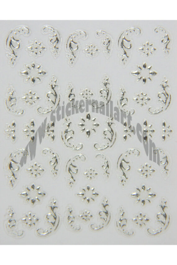 planche de stickers d'ongles fleurs arabesques argent, pêle mêle stickers d'ongles fleurs arabesques argent