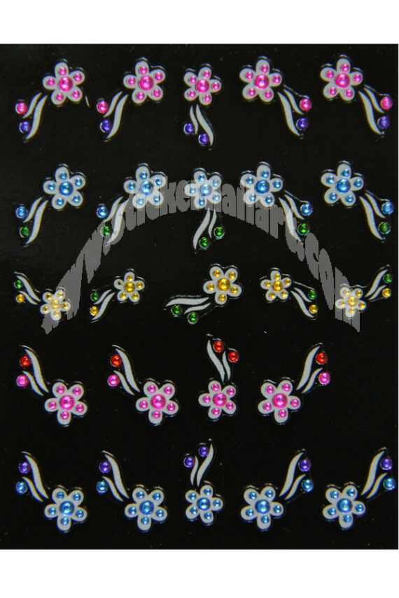 planche de stickers d'ongles fleurs harmoniques strass multicolores, pêle mêle stickers d'ongles fleurs harmoniques strass multicolores