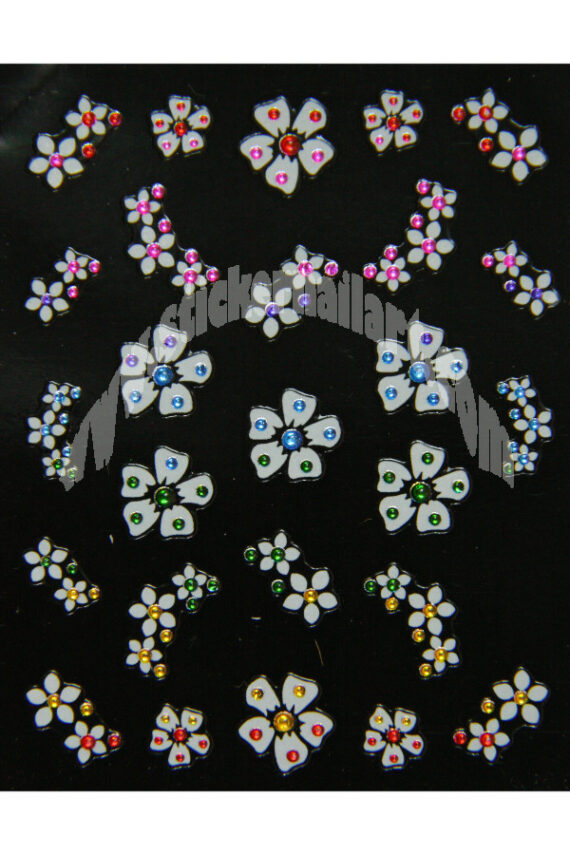 planche de stickers d'ongles fleurs mix strass multicolores, pêle mêle stickers d'ongles fleurs mix strass multicolores