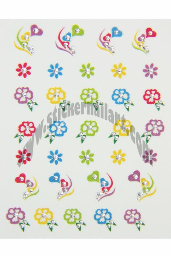 planche de stickers d'ongles autocollants fleurs et cœurs colorés, pêle mêle pêle mêle fleurs et cœurs colorés