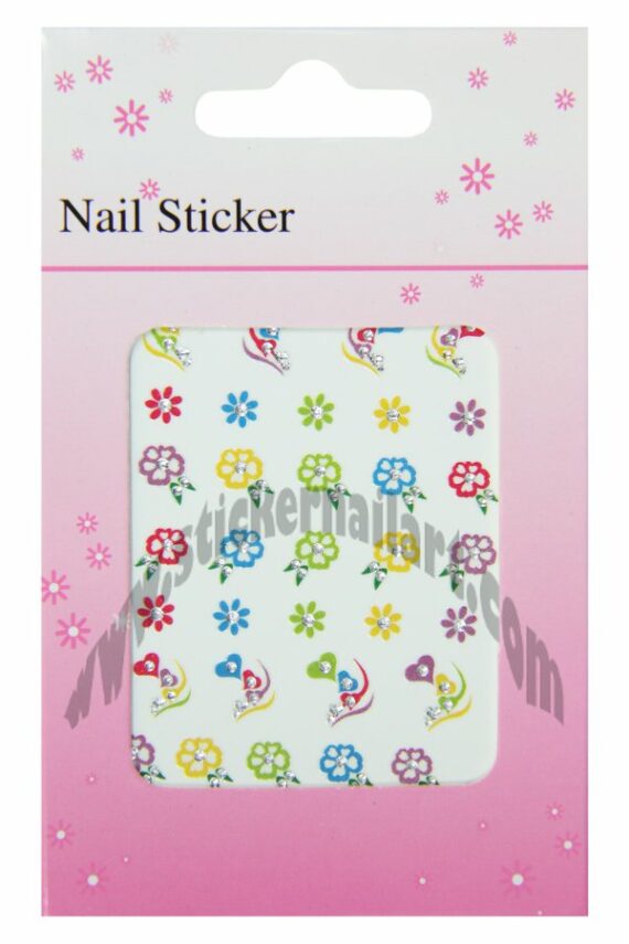 pochette de 33 stickers d'ongles autocollants fleurs et cœurs colorés, pêle mêle fleurs et cœurs colorés pas cher