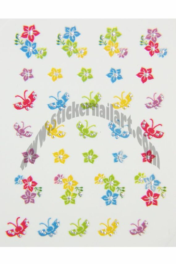 planche de 33 stickers d'ongles autocollants pêle mêle fleurs et papillons brillant colorées, pêle mêle pêle mêle fleurs et papillons brillant colorées
