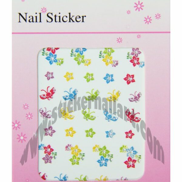 pochette de 33 stickers d'ongles autocollants pêle mêle fleurs et papillons brillant colorés, pêle mêle fleurs et papillons brillant colorés