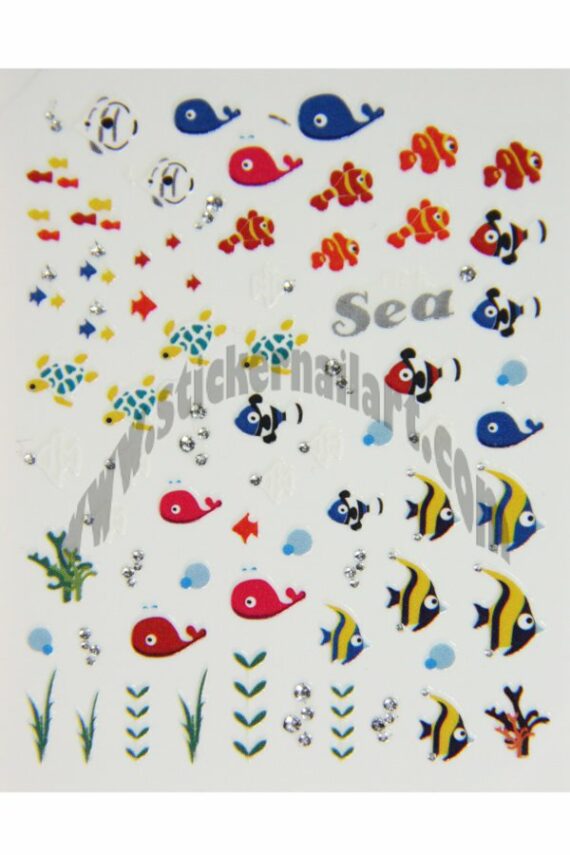Planche de stickers d'ongles poissons et milieu marin, pêle-mêle poissons et milieu marin