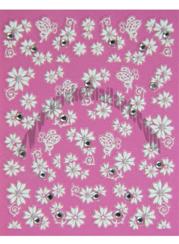 Stickers d’ongles fleurs et papillons blanc et strass