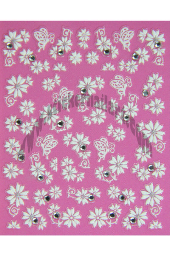 planche de stickers d'ongles autocollants fleurs et papillons blanc et strass, pêle mêle fleurs et papillons blanc et strass
