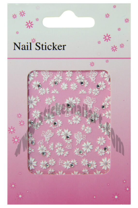 pochette de stickers d'ongles autocollants fleurs et papillons blanc et strass, pêle mêle fleurs et papillons blanc et strass