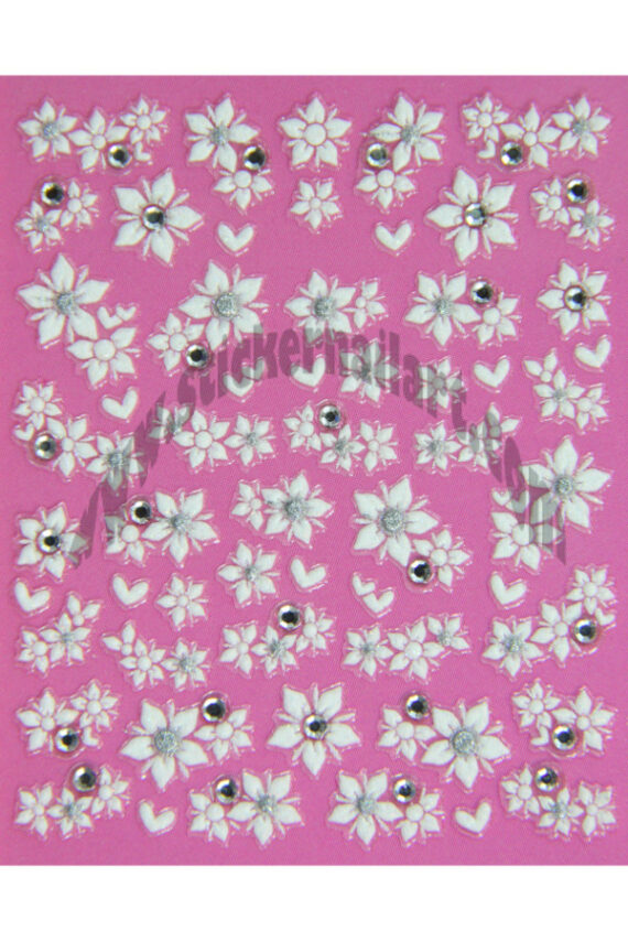 Planche de stickers d'ongles edelweiss blanc et strass, pêle-mêle edelweiss blanc et strass