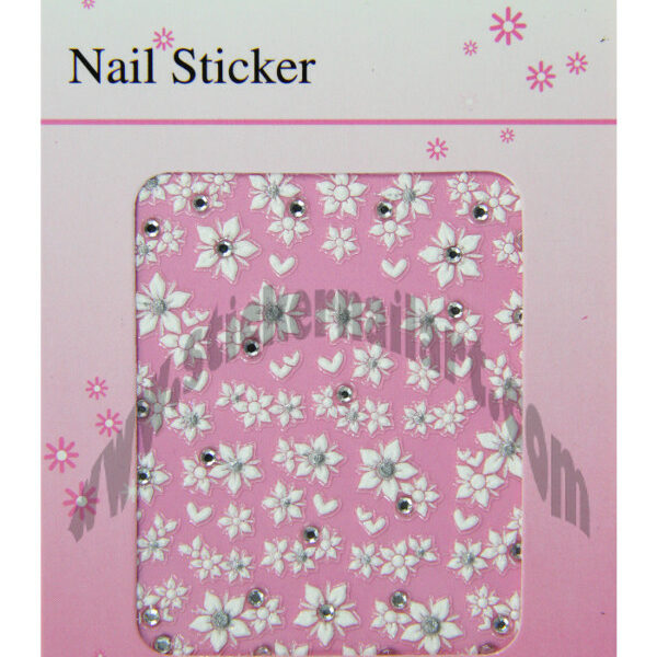 pochette de stickers d'ongles edelweiss blanc et strass, pêle-mêle edelweiss blanc et strass.