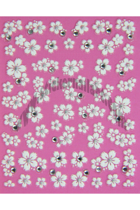 Planche de stickers d'ongles fleurs blanc et strass, pêle-mêle fleurs blanc et strass