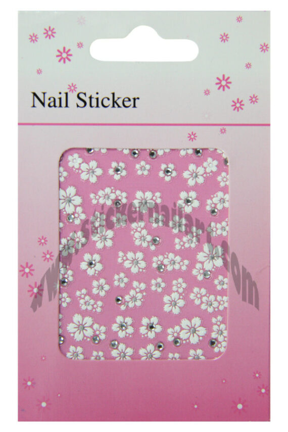 pochette de stickers d'ongles fleurs blanc et strass, pêle-mêle fleurs blanc et strass.