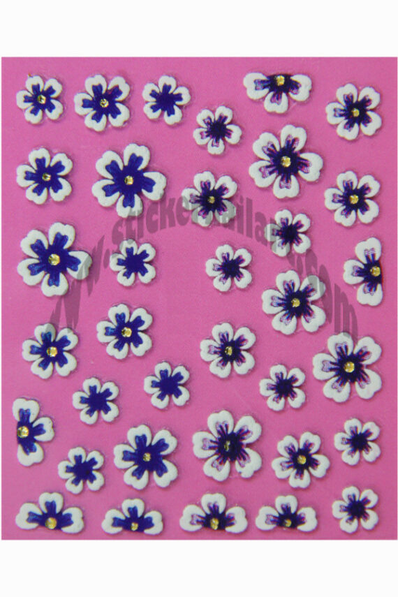 planche de stickers d'ongles autocollants fleurs bleu et cœur strass relief, pêle mêle fleurs bleu et cœur strass relief