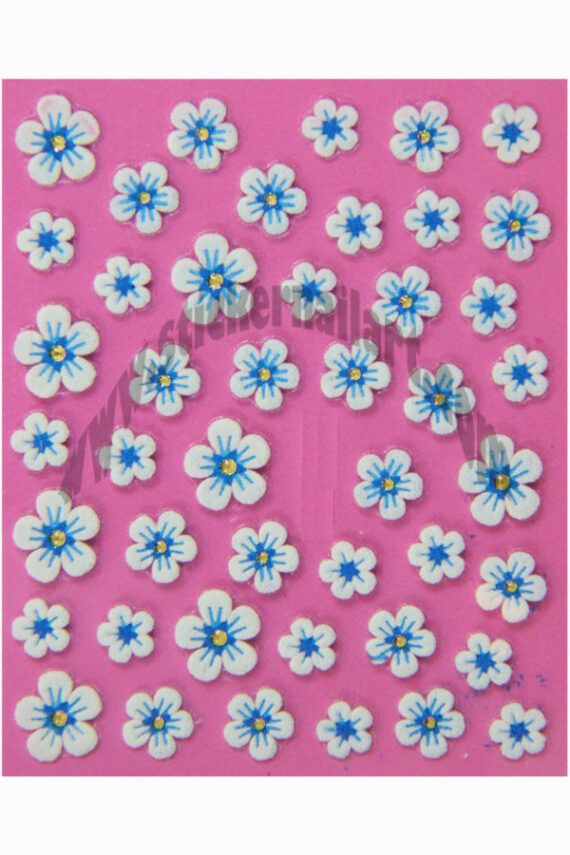 planche de stickers d'ongles autocollants fleurs cœur bleu relief et strass, pêle mêle fleurs cœur bleu relief et strass