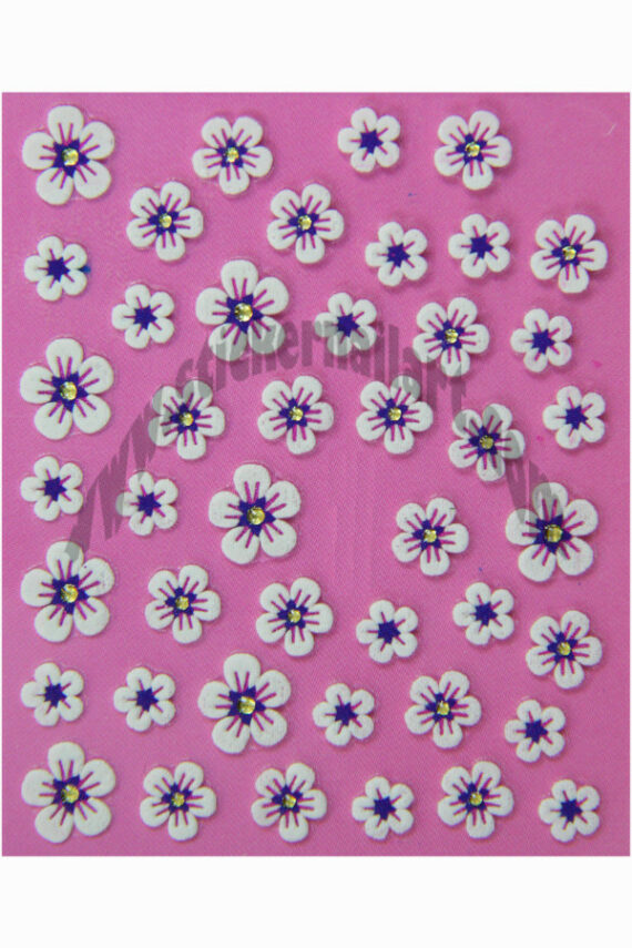 planche de stickers d'ongles autocollants fleurs cœur violet relief et strass, pêle mêle fleurs cœur violet relief et strass