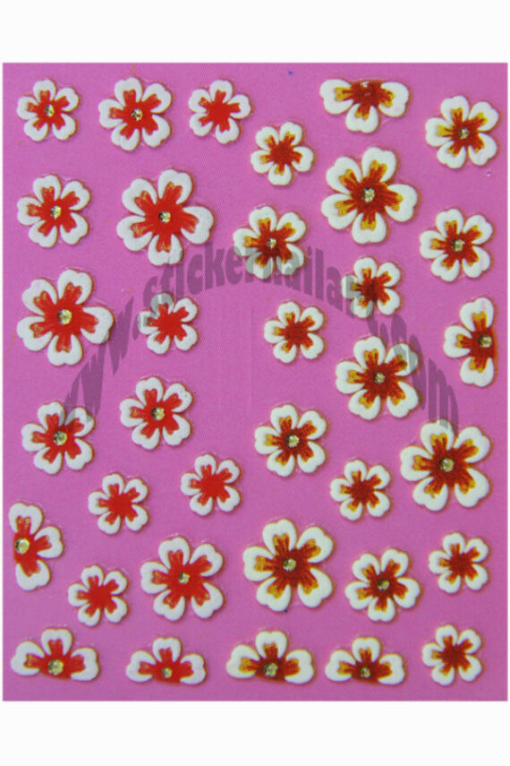 planche de stickers d'ongles autocollants fleurs rouge relief et cœur strass, pêle mêle fleurs rouge relief et cœur strass