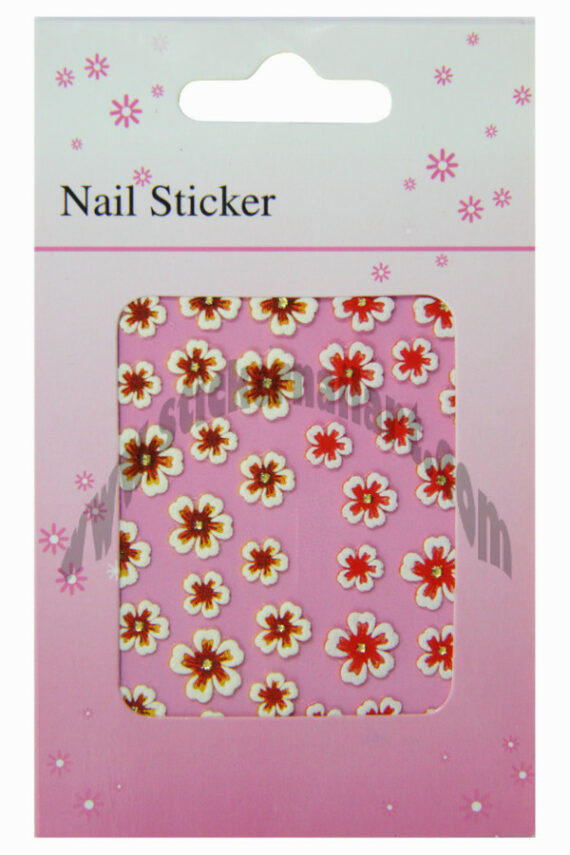 pochette de 43 stickers d'ongles autocollants fleurs rouge relief et cœur strass, pêle mêle fleurs rouge relief et cœur strass pas cher