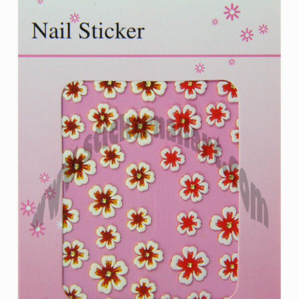pochette de 43 stickers d'ongles autocollants fleurs rouge relief et cœur strass, pêle mêle fleurs rouge relief et cœur strass pas cher