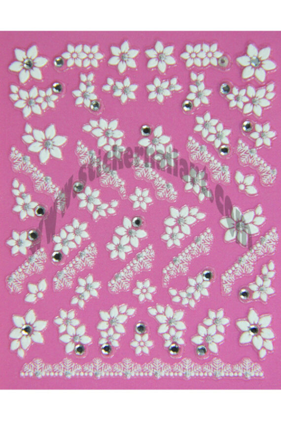Planche de stickers d'ongles fleurs et frises blanc et strass, pêle-mêle fleurs et frises blanc et strass