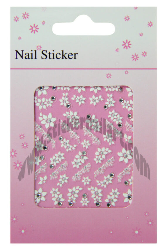 pochette de stickers d'ongles fleurs et frises blanc et strass, pêle-mêle fleurs et frises blanc et strass.