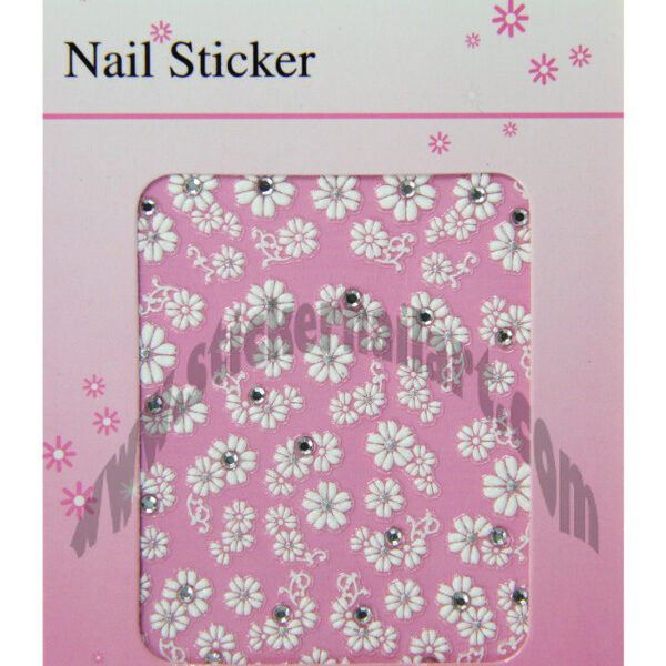 pochette de stickers d'ongles fleurs et frises blanc et strass, pêle-mêle fleurs et frises blanc et strass.