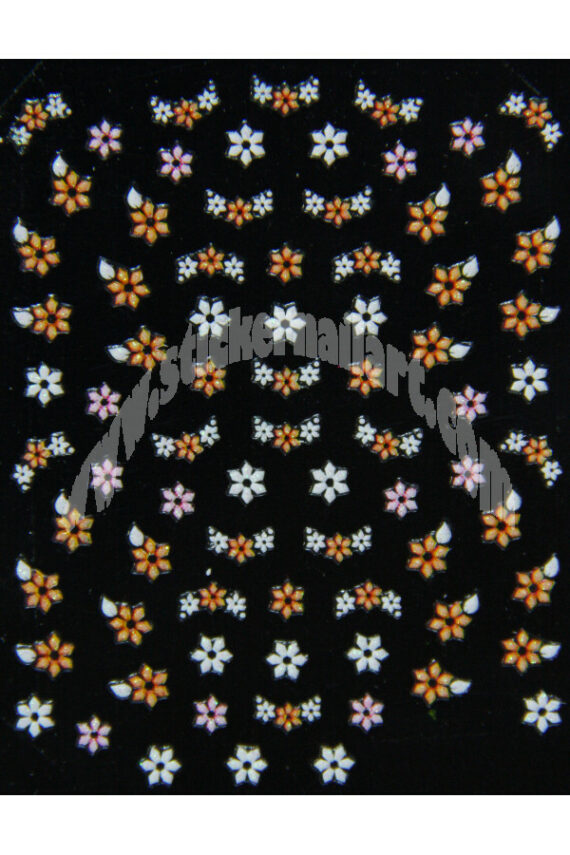 planche de stickers d'ongles autocollants fleurs orange et blanches scintillantes, pêle mêle fleurs orange et blanche scintillantes
