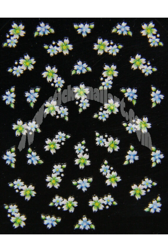 planche de stickers d'ongles autocollants fleurs vert et bleu scintillant, pêle mêle fleurs vert et bleu scintillant
