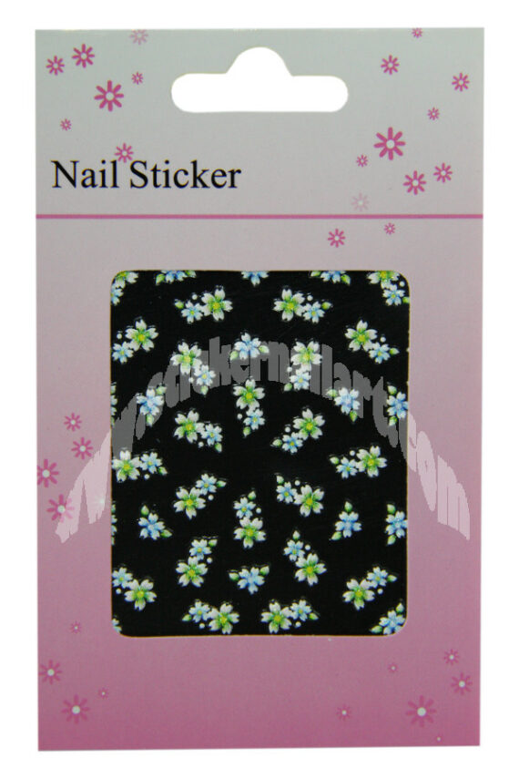 pochette de 41 stickers d'ongles autocollants fleurs vert et bleu scintillant, pêle mêle fleurs vert et bleu scintillant pas cher