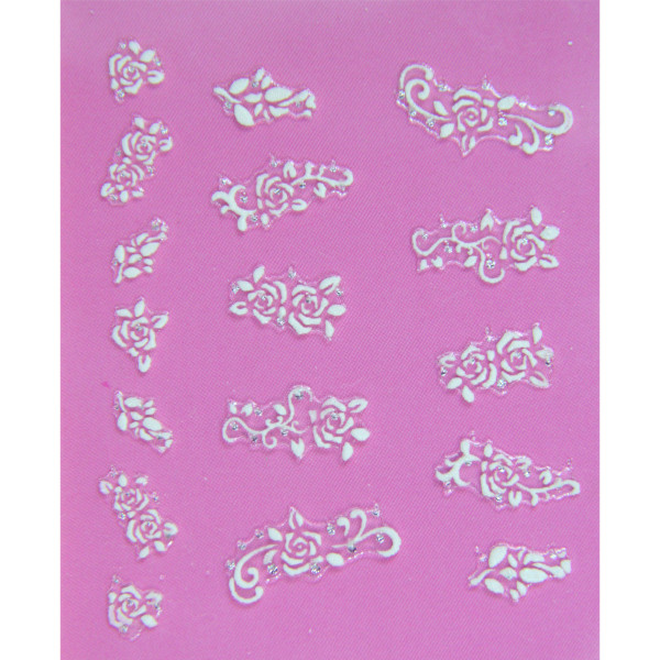 stickers ongle roses blanches et strass planche
